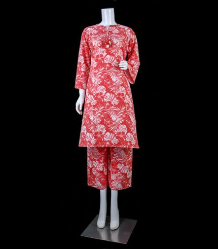 Womens Two Pcs Stitch Cotton-Printed - KPD-619-Red
