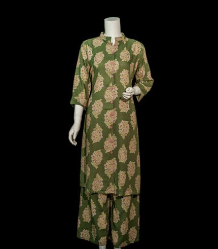 Womens Two Pieces Stitch Cotton-Printed-Olive Green-KPD-649