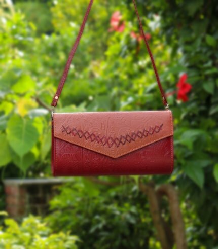 Leather Purse Bag - Dark Red and Brown