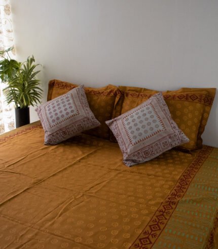 Bed Sheet- Cotton(Gray Orange & Dark Brown)-90 X 96 Inch